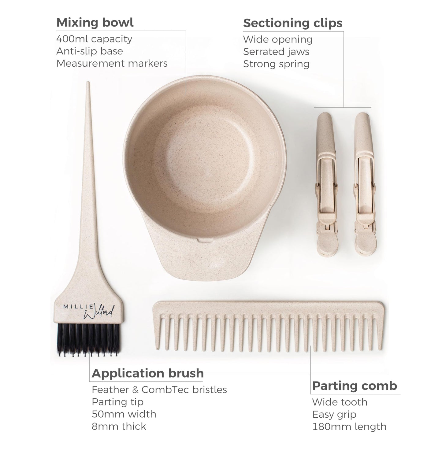 Millie Wilford, Hair Dye Bowl and Brush Set - Hair Colouring Tool Kit for Highlights, Tinting, bleaching and Root Touch-up at Home, Recycled Plant Fibre (5 piece)