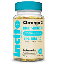 Incite Nutrition Omega 3 Fish Oil Capsules 2000 mg. 360 Softgels. 6 Month Supply of High Strength Omega 3 Fatty Acids with EPA & DHA. Non-GMO, UK Made, No Fishy Aftertaste