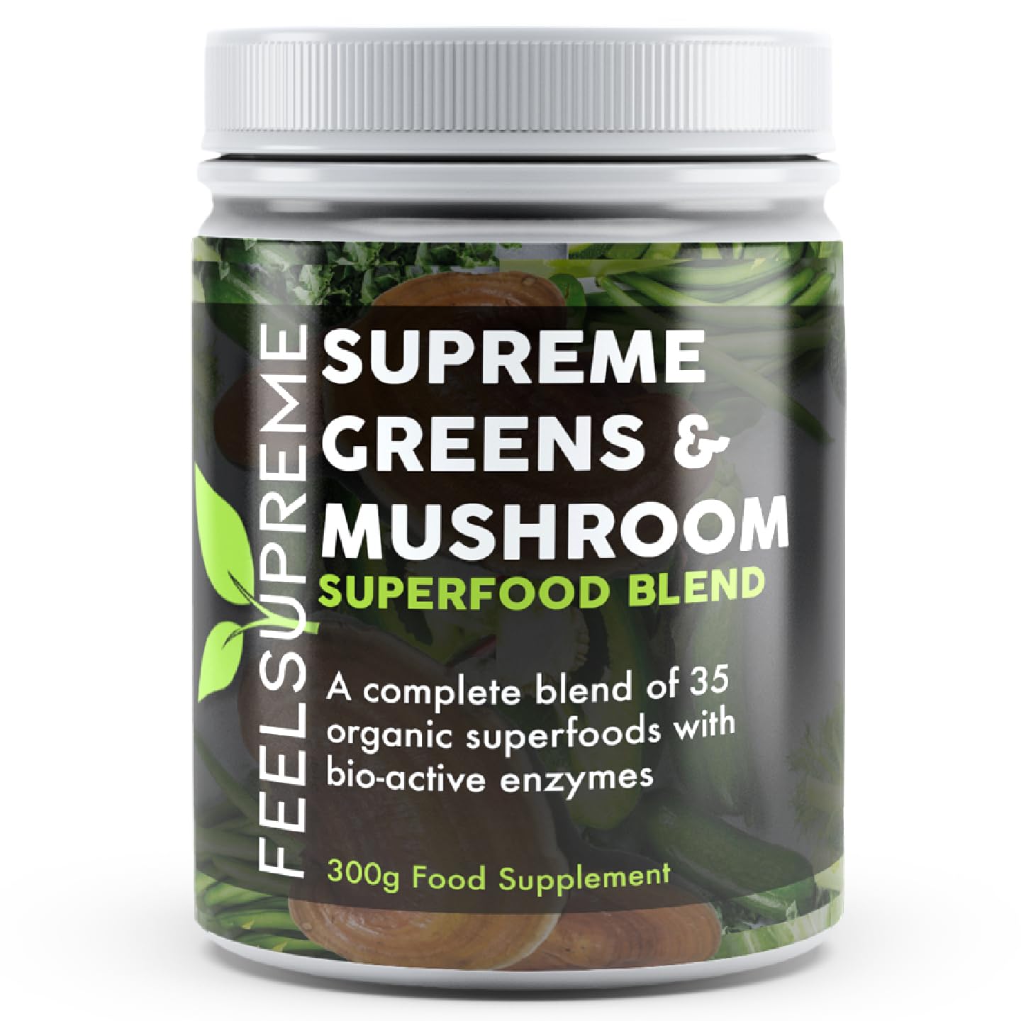 Feel Supreme - Super Greens Powder with Mushroom - 35 Nutrient Dense Organic Superfoods, no Added Sugar - High in Fibre, Protein, Vitamin C, Spirulina - Greens Supplement, Mushroom Powder - 300g
