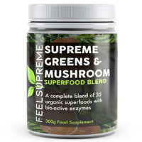 Feel Supreme - Super Greens Powder with Mushroom - 35 Nutrient Dense Organic Superfoods, no Added Sugar - High in Fibre, Protein, Vitamin C, Spirulina - Greens Supplement, Mushroom Powder - 300g