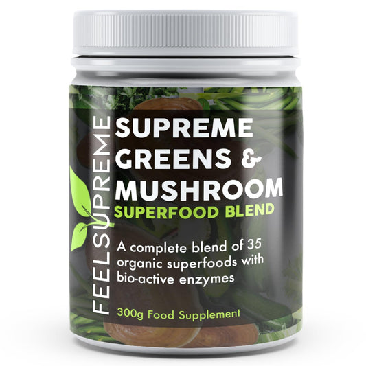 Feel Supreme - Super Greens Powder with Mushroom - 35 Nutrient Dense Organic Superfoods, no Added Sugar - High in Fibre, Protein, Vitamin C, Spirulina - Greens Supplement, Mushroom Powder - 300g