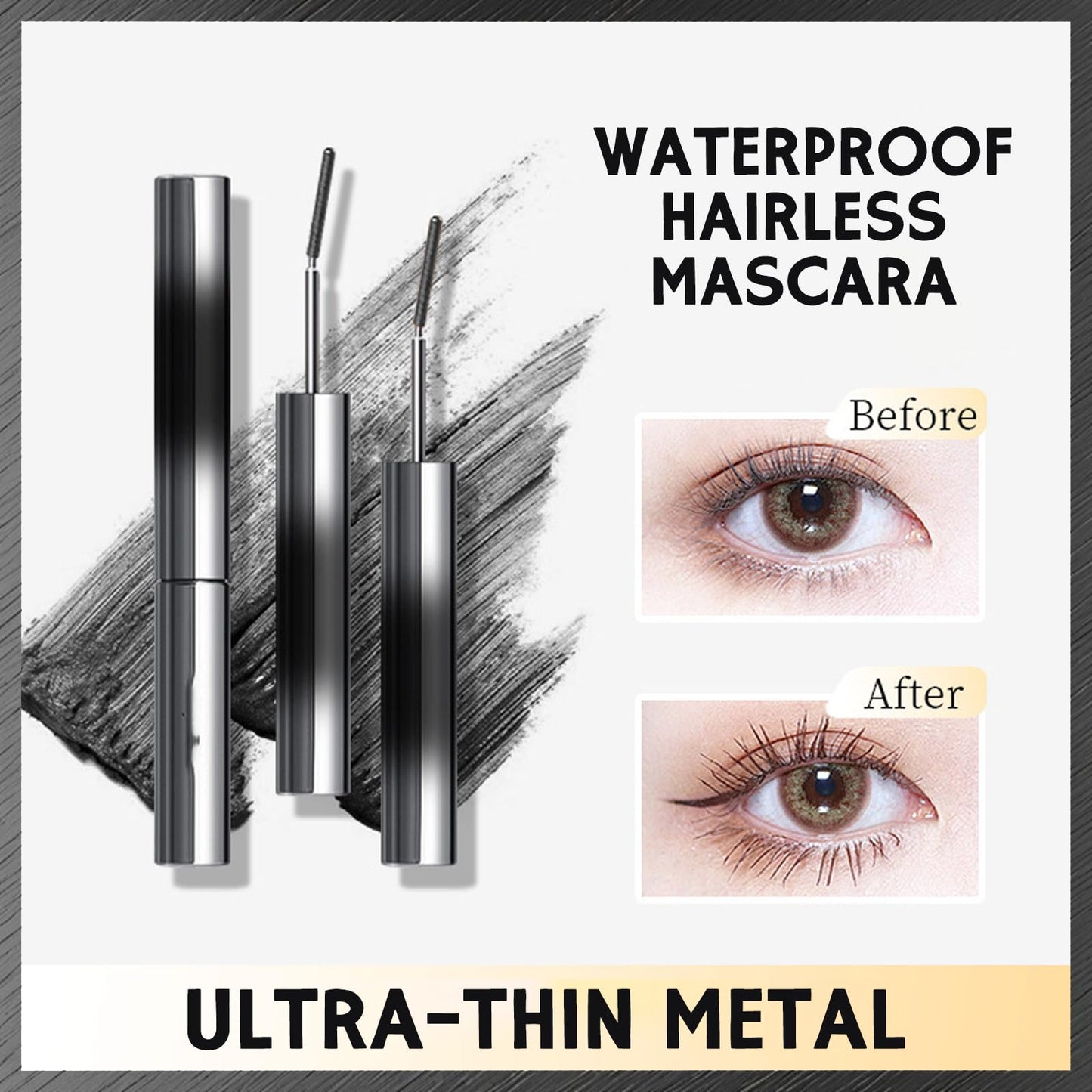 Black 3D Waterproof Hairless Mascara, Washable Ultra-thin Metal, Long Lasting Curl, Curling Mascara, Waterproof Curling Brush, Long Lasting Hairless, Washable Lengthening