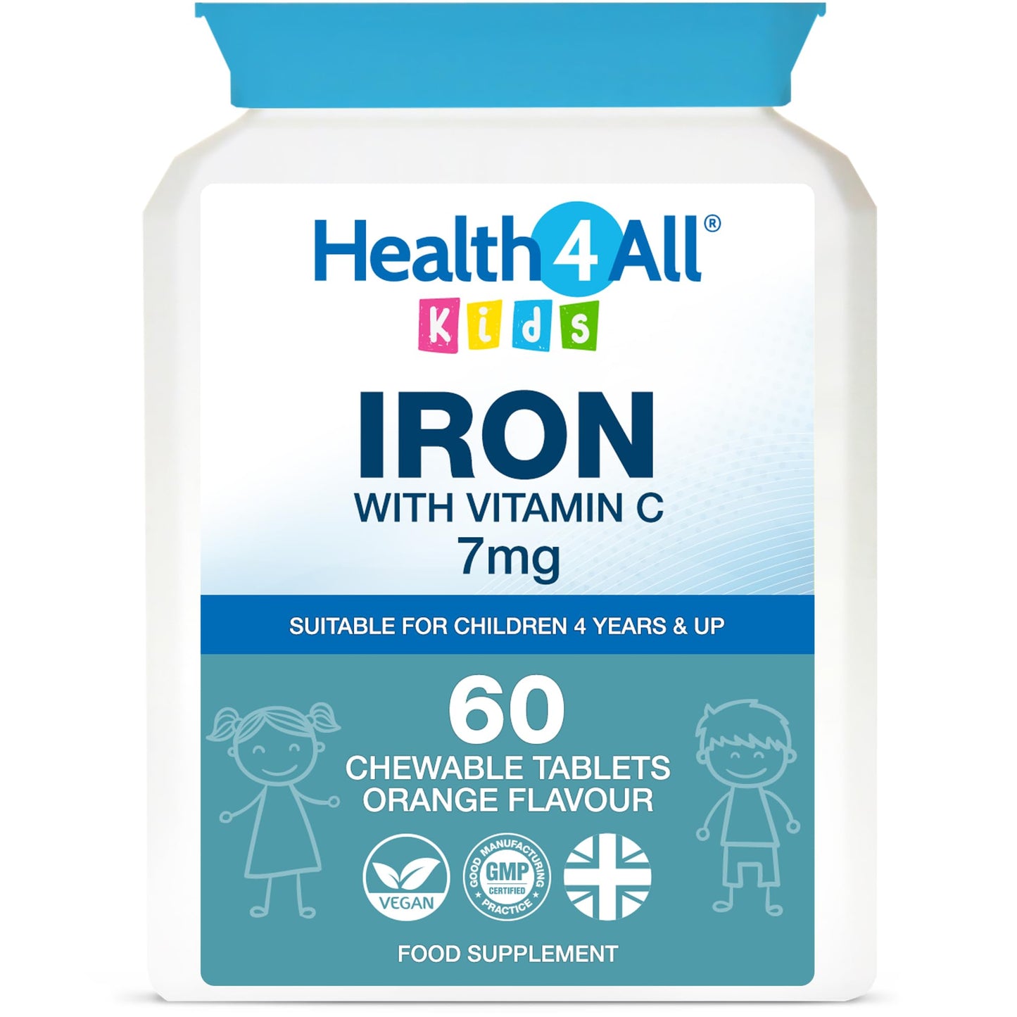 Health4All Kids Iron 60 Chewable Tablets 2 Months Supply, Vegan Sugar-Free Iron Supplement for Children 4+ Supports Learning, Growth & Immune System, Natural Orange Flavour, Made in UK (not Gummies)