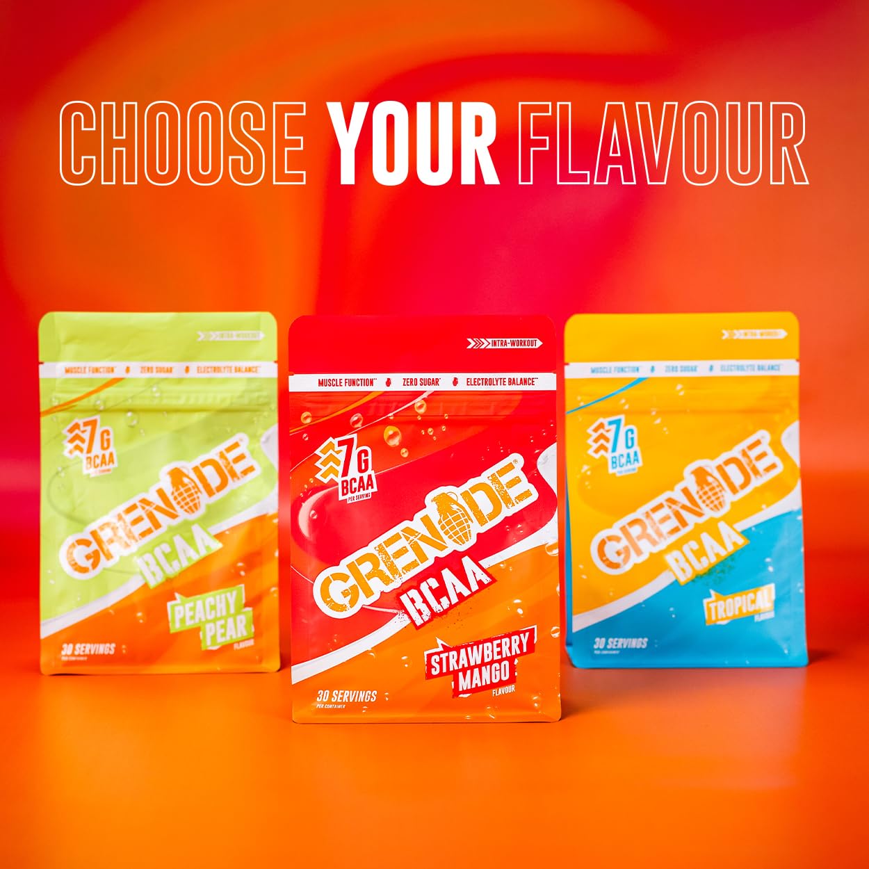 Grenade BCAA Intra Workout Powder, Zero Sugar plus Muscle Function & Electrolyte Balance Support (30 Servings) - Strawberry Mango, 390 g (Pack of 1)