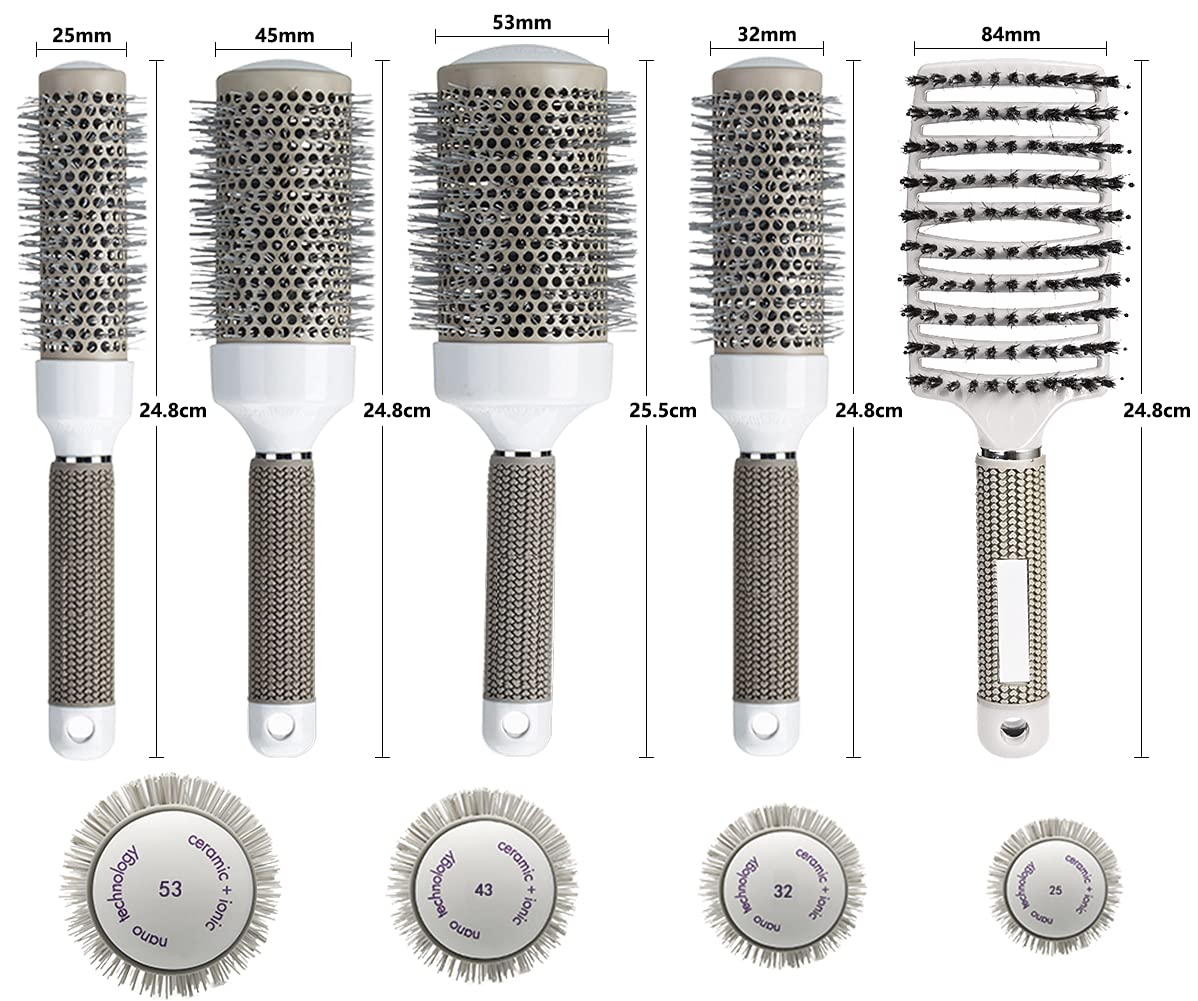 Aozzy 5pcs Ceramic Lonic Round Hair Brush Set for Blow Drying, Curling, Professional Salon Styling Brush Set, Barrel Hairdressing Brushes Sets, Hair Drying Brush Round Set (25mm 32mm 45mm 53mm）
