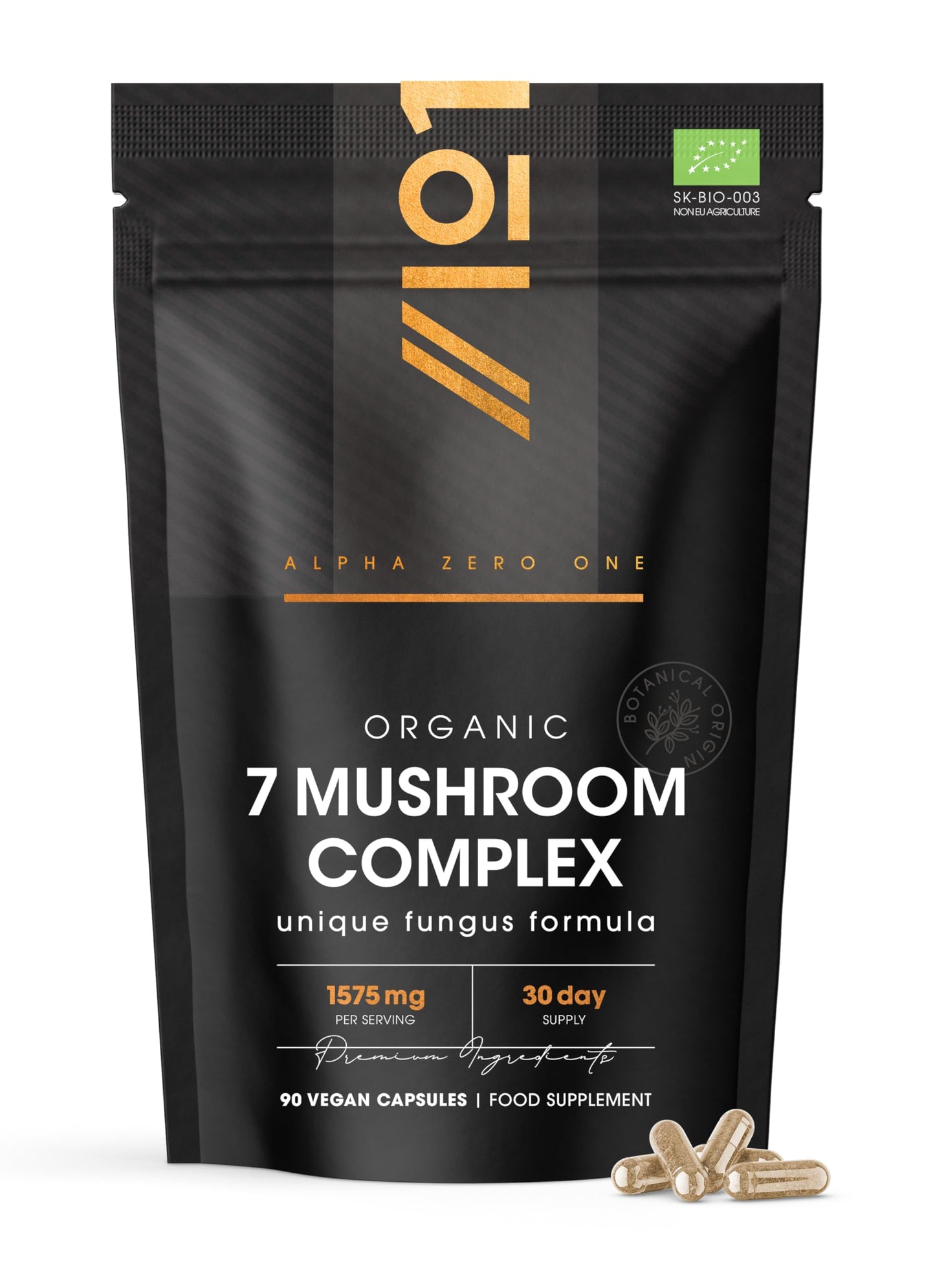 ALPHA01 Organic Mushroom Complex 1575mg - 90 Capsules - Reishi, Cordyceps, Lion's Mane, White Fungus, Maitake, Shitake & Chaga (1 Month Supply) by Alpha01