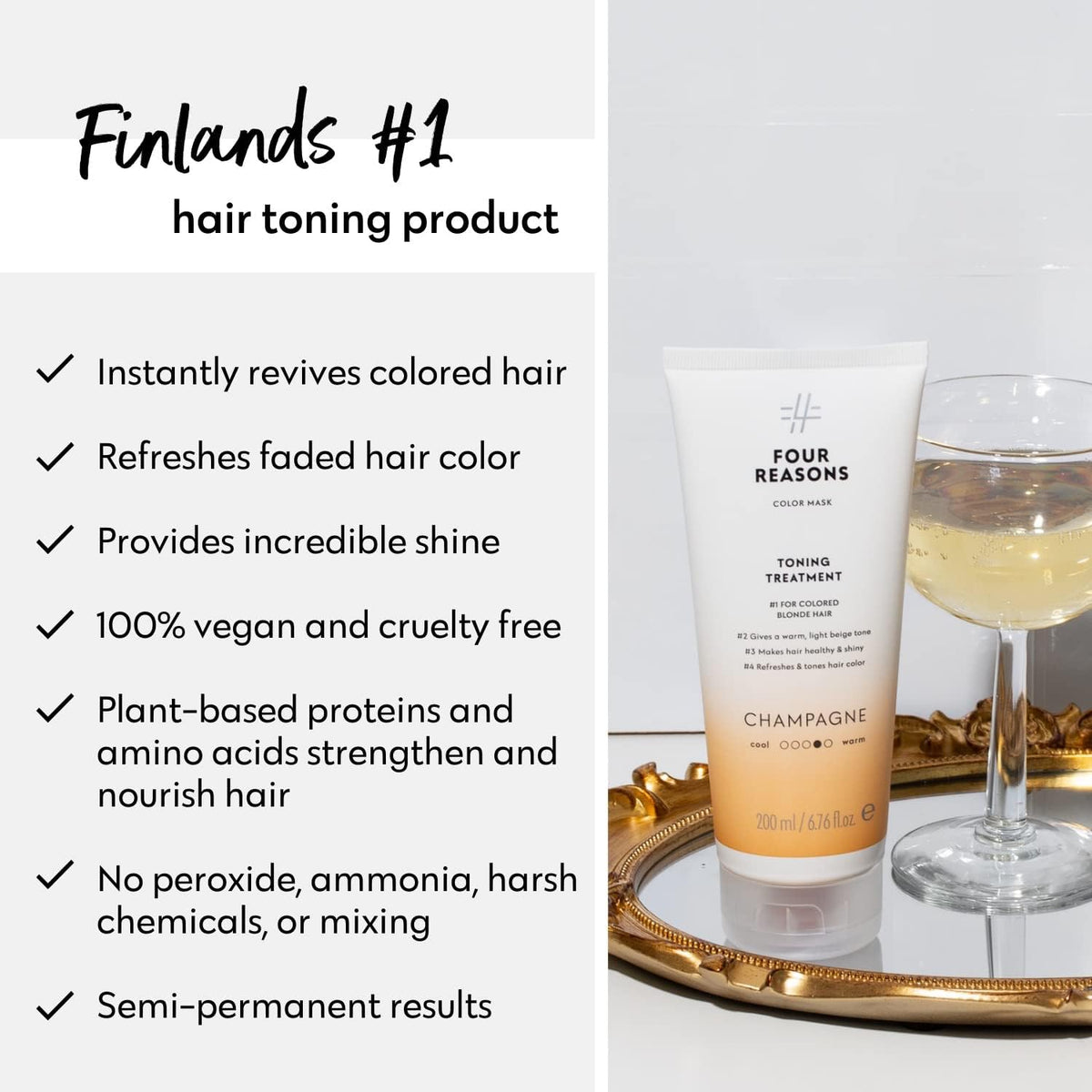 FOUR REASONS Four Reasons Color Mask – Champagne Blonde - (27 Colors) Toning Treatment, Color Depositing Conditioner, Tone & Enhance Color-Treated Hair - Semi Permanent Hair Dye, Vegan and Cruelty-Free, 6.76 fl oz