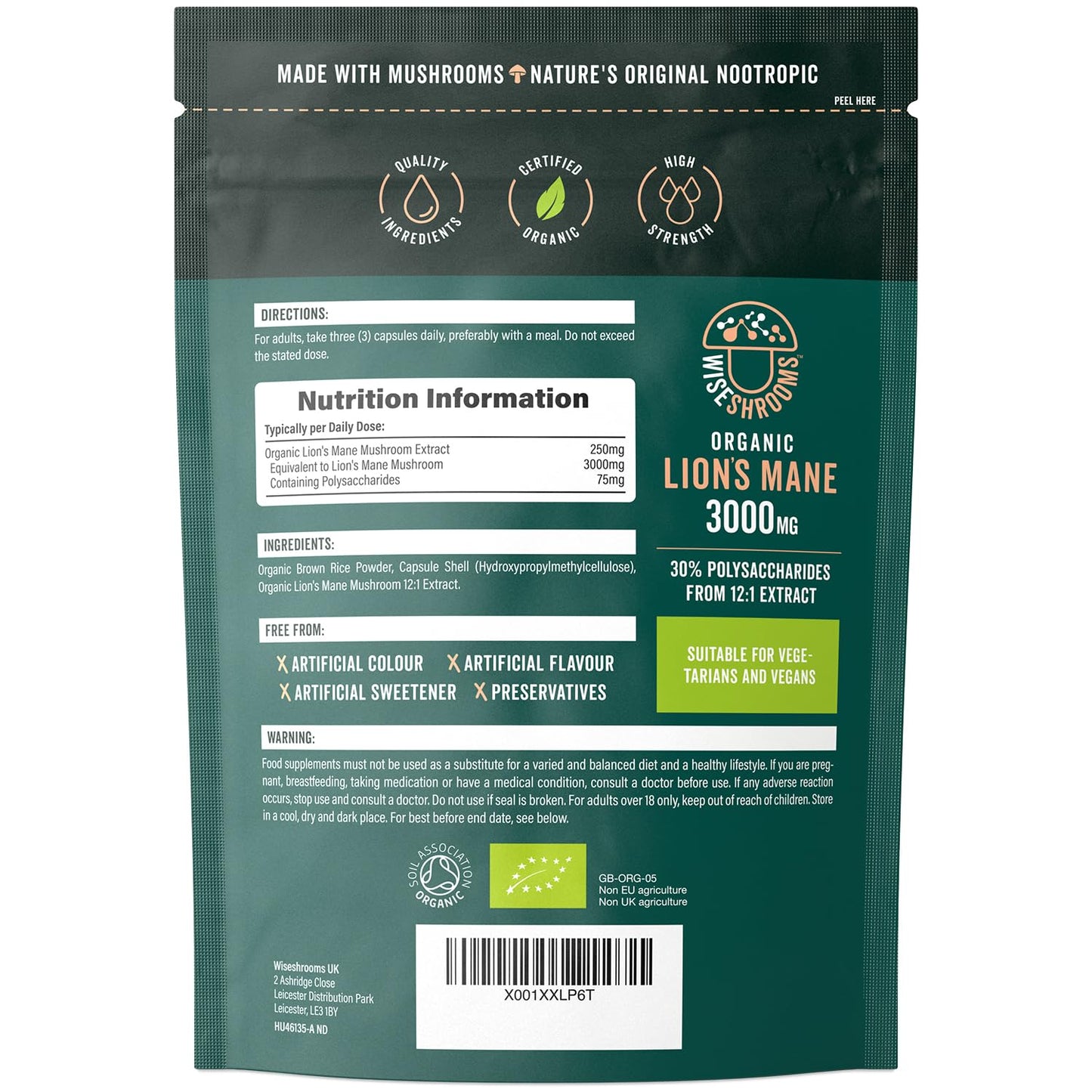 Lions Mane Supplement 3000mg | Organic | High Strength Mushroom Supplement | from Fruit Body | 90 Vegan Capsules | by Wiseshrooms