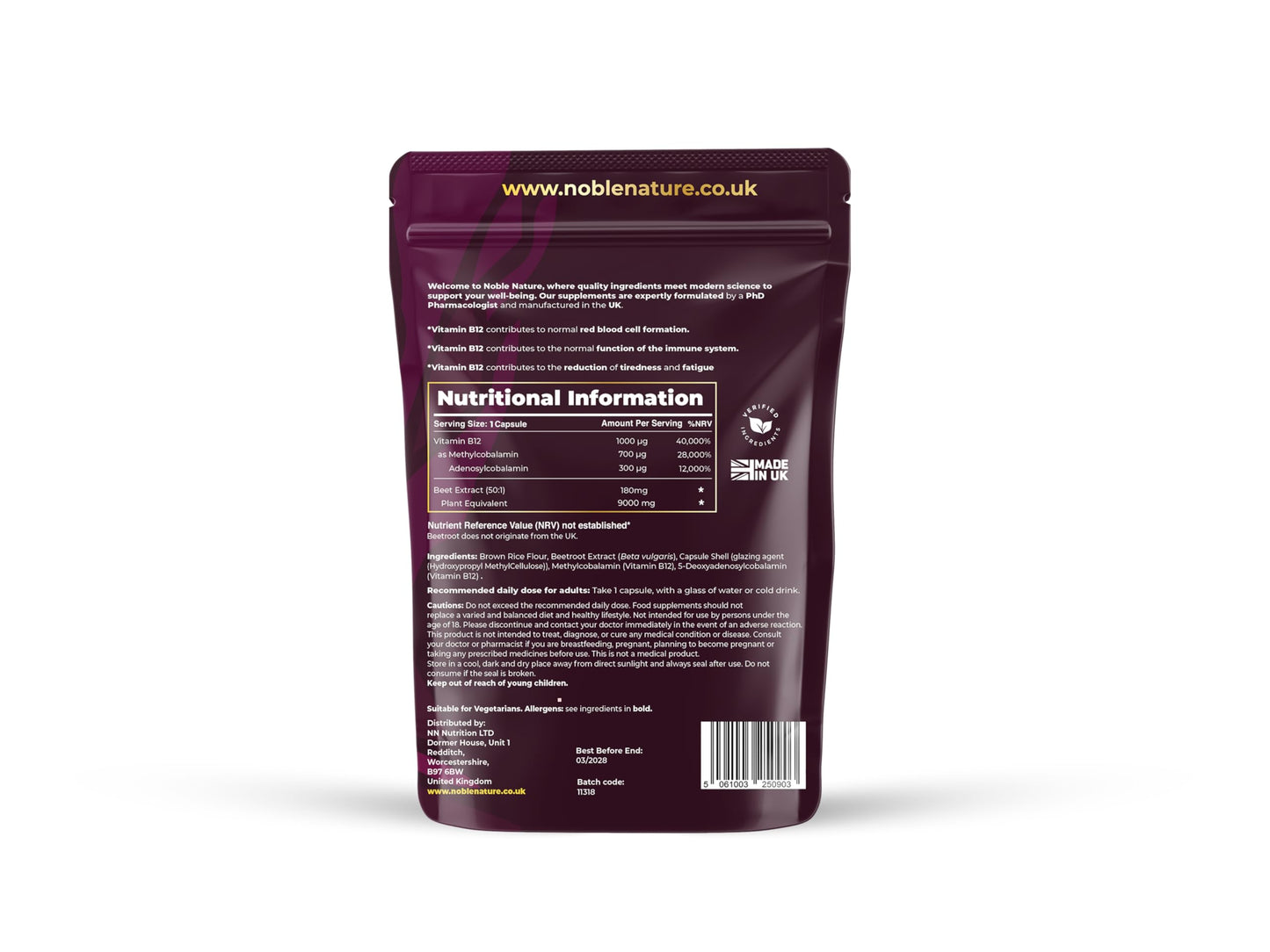 Beetroot & Vitamin B12 Complex – 9000mg Beetroot + 1000mcg Dual B12 (Methylcobalamin & Adenosylcobalamin) – Energy & Immune Support – 90 Vegan Capsules – UK Made (90)