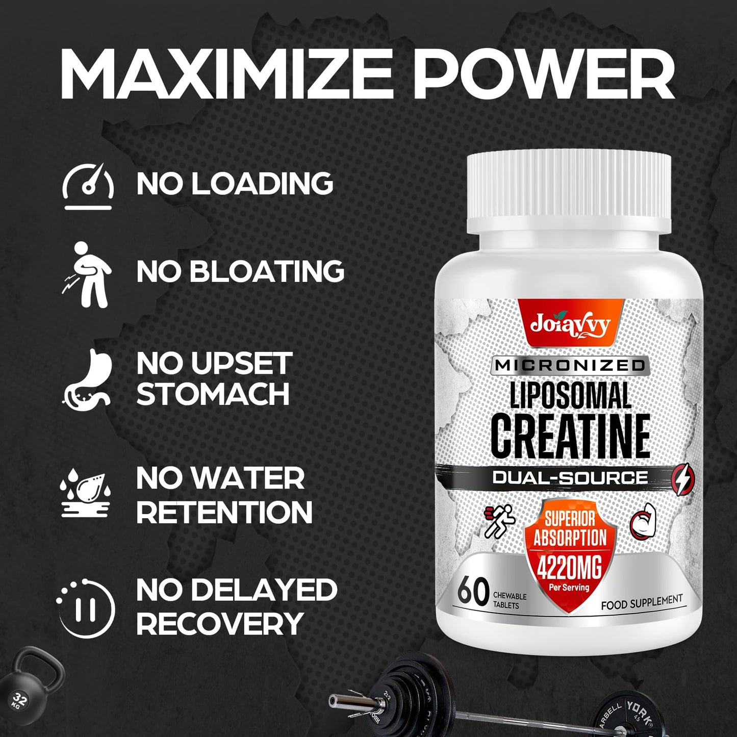 Joiavvy Liposomal Creatine Monohydrate Tablets 4220mg, 60 Chewable Pure Creatine Tablets, Added Creatine HCl, 15X Absorption, Creatine Powder Alternative, Gym Supplement for Men & Women, Vegan (120 Tablets)