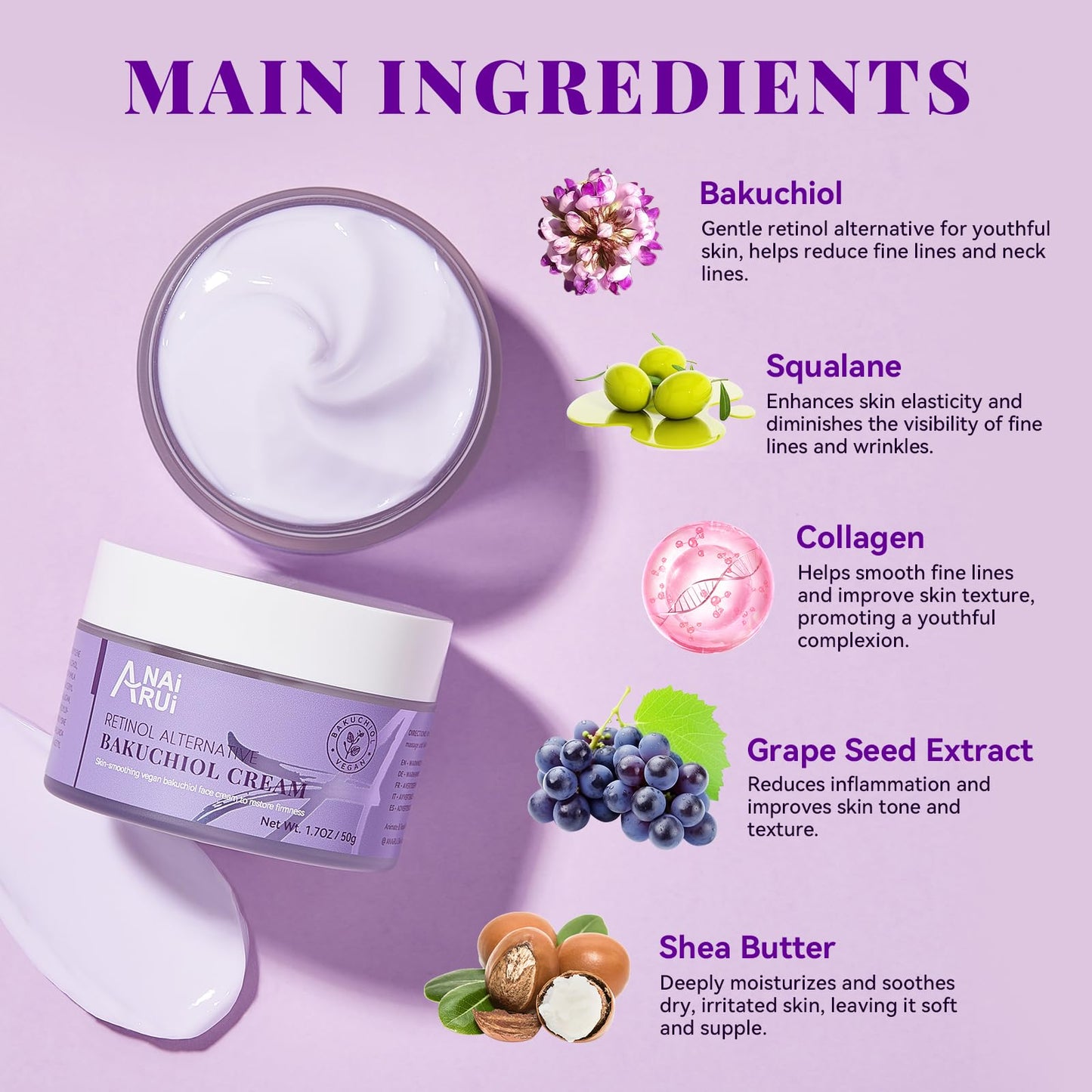 ANAI RUI ANAiRUi Anti-Age Cream 50ml, Anti-Wrinkle Cream with Pure Bakuchiol, Day/Night Cream for Women, Anti-Ageing Face Cream