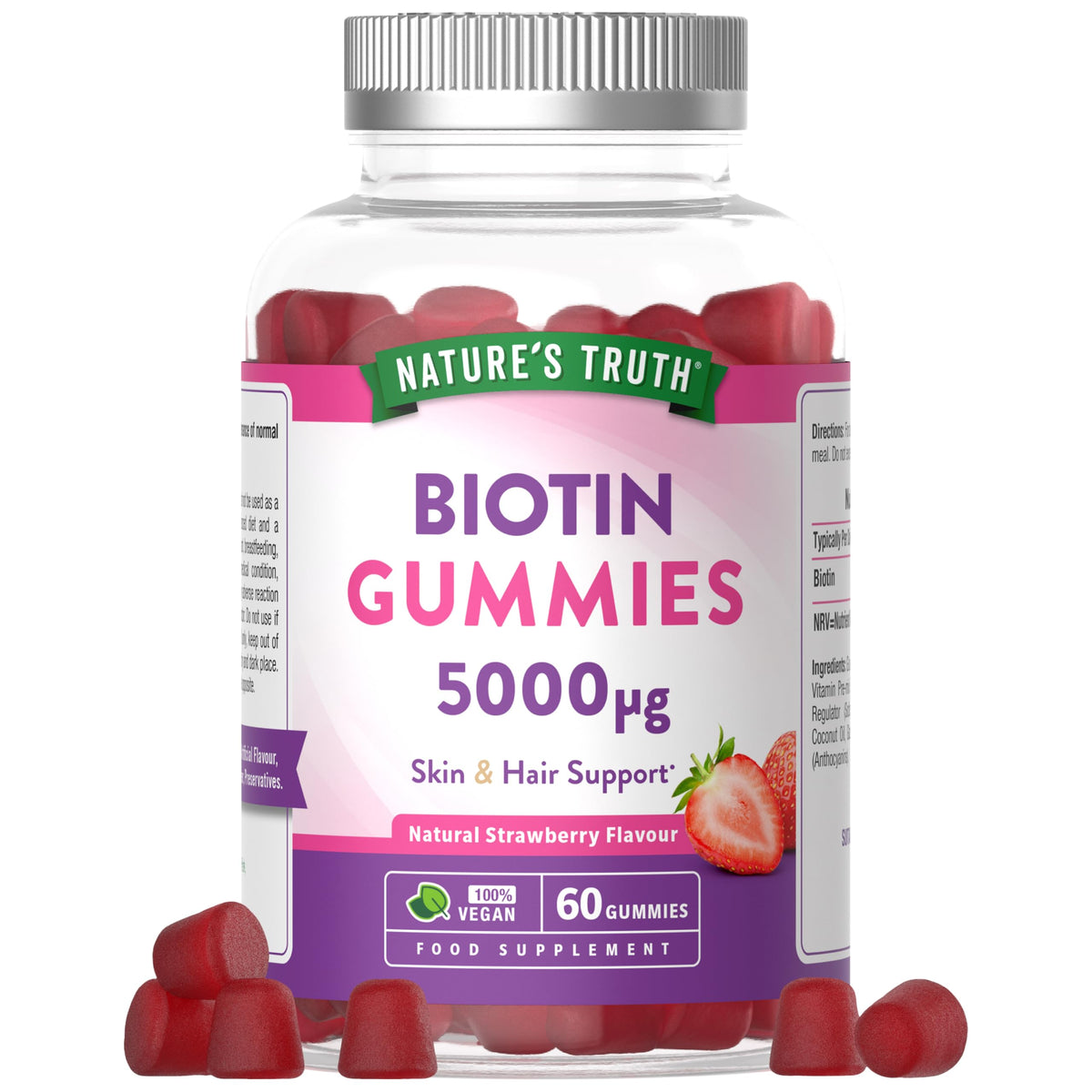 Biotin Gummies 5000mcg | High Strength Vitamin B7 | Natural Strawberry Flavour | 60 Vegan Gummies | Nature's Truth