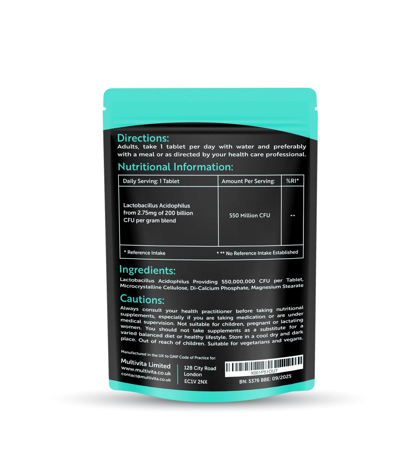 Acidophilus Lactobacillus Probiotic - 120 x 550 Million CFU Tablets - Supports Healthy Gut Microbiome & Digestion System - Reduce Bloating - Probiotic Supplements for Men & Women - Vegan and GMO Free