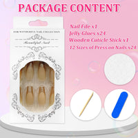 Ceboic 24Pcs Press on Nails Long Coffin French Tip False Nails Pink Gold Shiny Glossy Glue on Nails with Glitter Design 12 Sizes Artificial Stick on Nails for Women Girls DIY Manicure Decorations