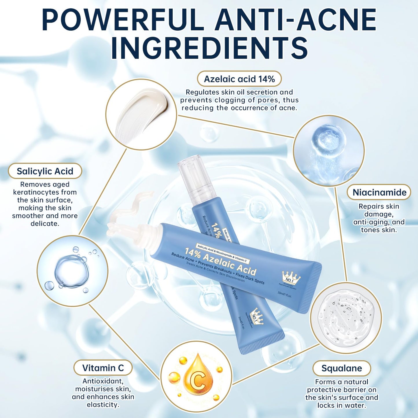 BECHOICEN Azelaic Acid face serum cream for Redness Relief,Dark Spots,Azelaic Acid Acne Cream with Niacinamide & Vitamin C,Acid 14% Facial Serum Balance Excess Sebum & Soothe Irritation,30ml