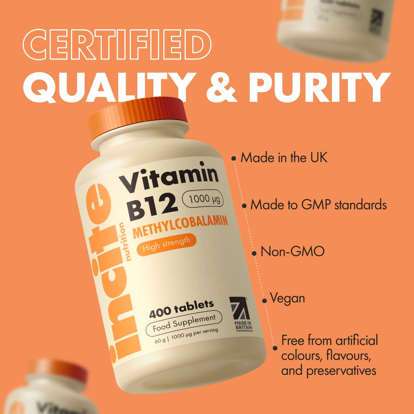 Incite Nutrition Vitamin B12 Tablets 1000 mcg. +1 Year Supply of High Strength Methylcobalamin. Boost Energy and Support Nervous System. Easy to Swallow, Non-GMO, and Suitable for Vegetarians & Vegans