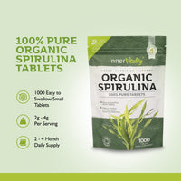 Organic Spirulina Tablets 1000 Easy to Swallow Tablets - 100% Pure Certified Organic Tablets Rich in Essential Vitamins & Minerals by Inner Vitality