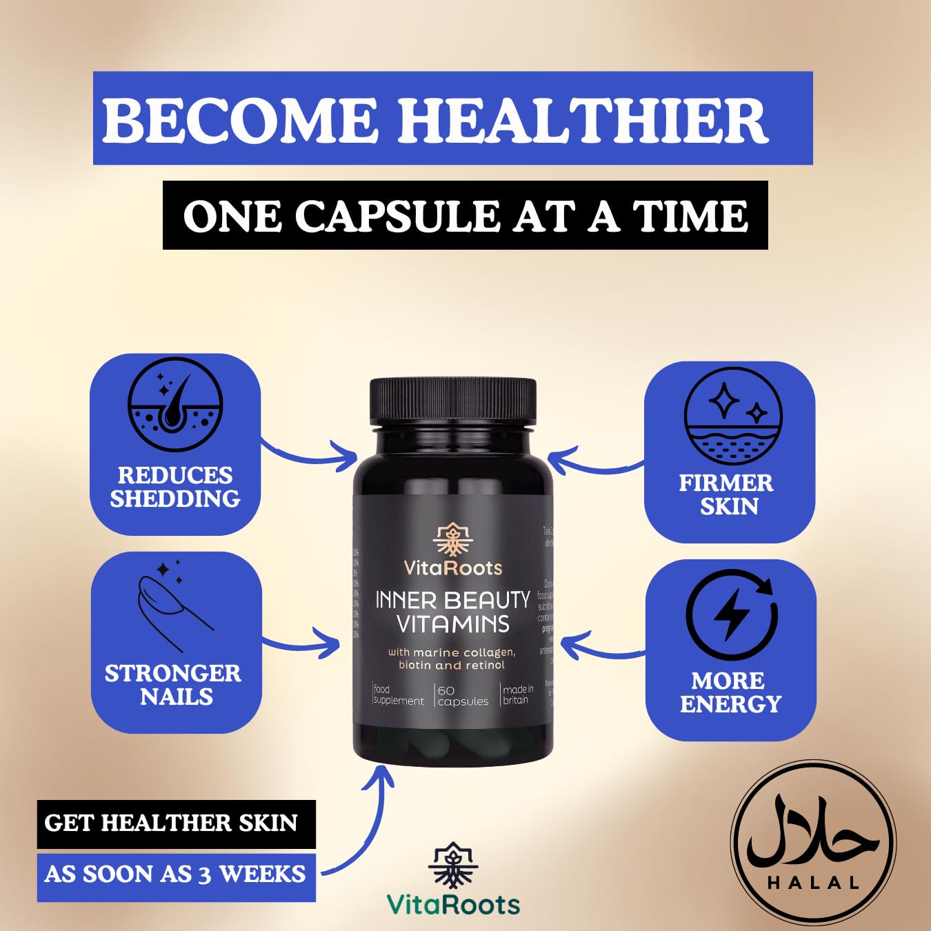 Vitaroots Inner Beauty Vitamins, with Marine Collagen, Retinol and Biotin