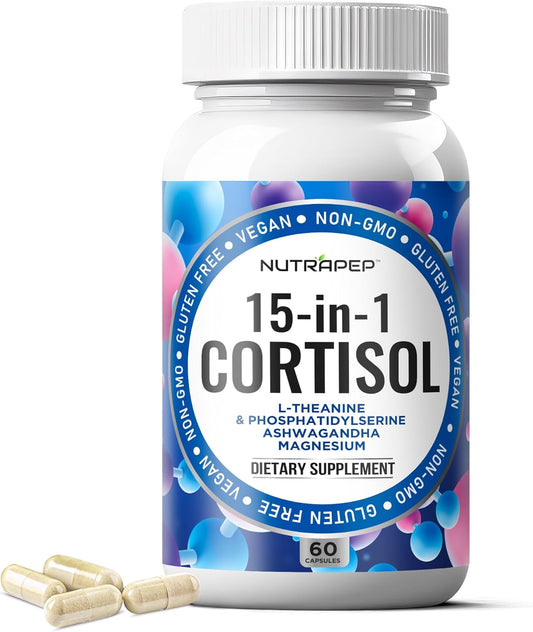 15-in-1 Cortisol Detox Supplement Men Women - Reduce Lower Cortisol High Cortisol Reducer Blocker Control - Supports Stress Mood Rest Adrenal Calm Relax with Ashwagandha L-Theanine Magnesium