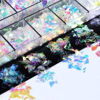 jmeowio Holographic Mermaid Nail Art Glitter Flakes JMEOWIO 12 Grids Holographic Nail Foil Gradient Bright Iridescent Ice Slag Nail Sequins Paillettes Summer Nail Art Decoration for Women Girls