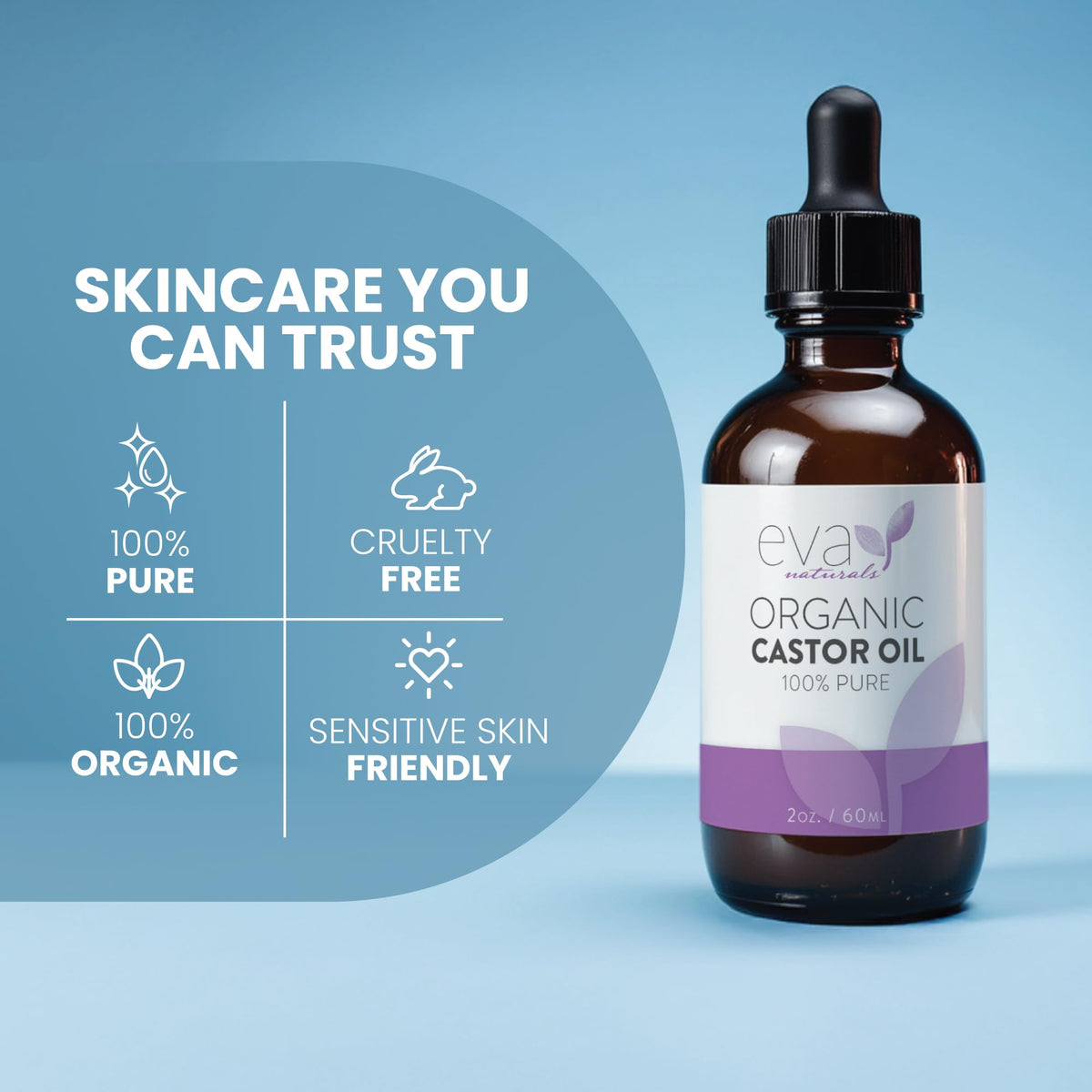 Eva Naturals Organic Castor Oil for Eyelashes, Eyebrows & Hair Growth - Cold Pressed Hexane Free - 100% Pure Oil for Skin Nails Lashes - Nourishes & Strengthens - Includes Mascara Kit & Brushes, 60ml