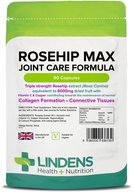 Lindens Rosehip Max Joint Care Formula 90 Capsules - 6,000mg High Strength Supplement - Joint Care Support - UK Manufacturer, Letterbox Friendly