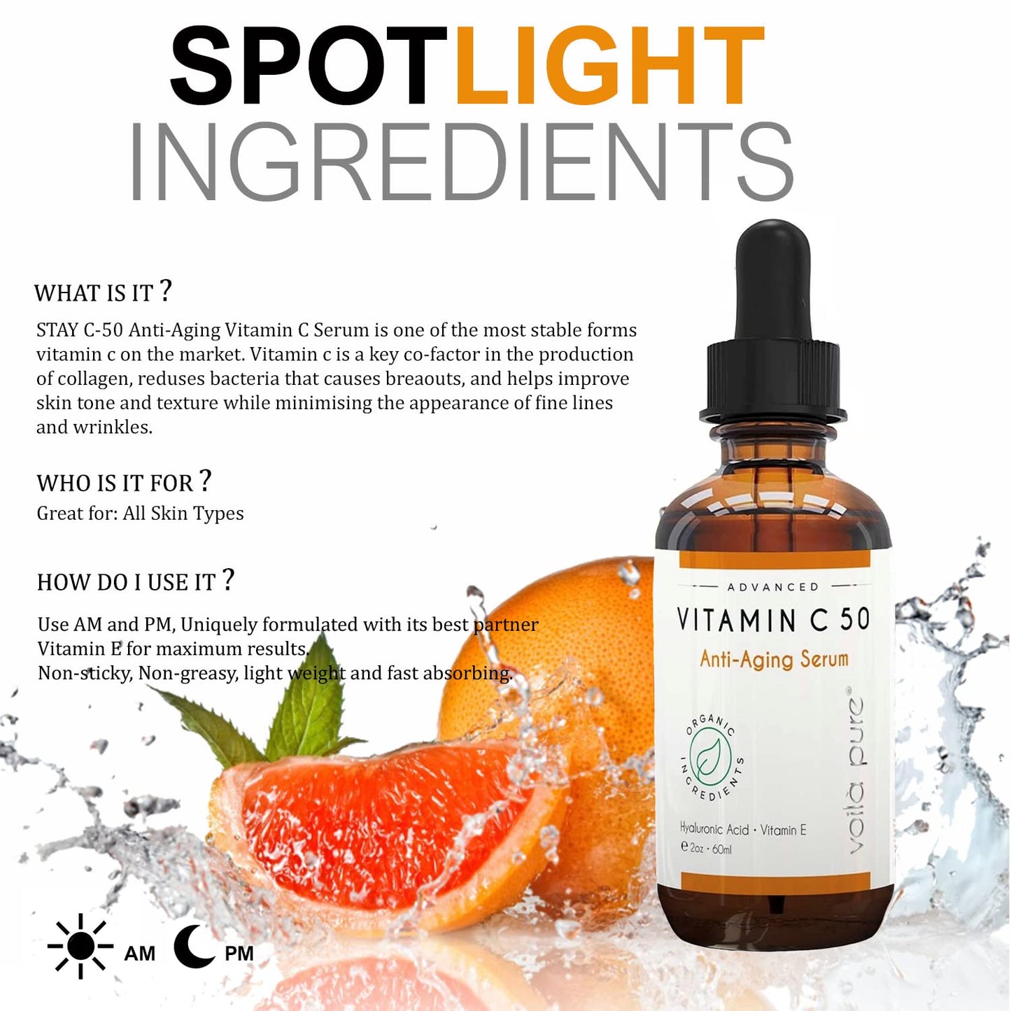 Voila pure VITAMIN C SERUM for Face with Hyaluronic Acid - Anti-Ageing Vitamin C Face Serum - Vit C with 5% Pure Hyaluronic Acid Serum for Face - For Age Spots, Fine Lines, Wrinkles 60ml