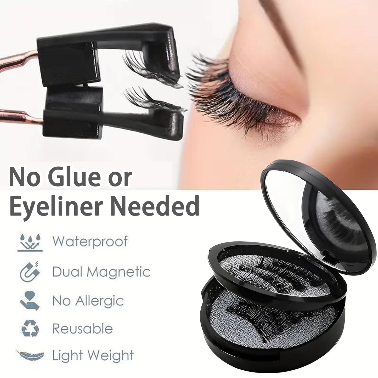 AmiCera Magnetic Eyelashes, Reusable Magnetic Eyelashes with Applicator Natural Look, No Glue/Eyeliner Needed, 2 Styles False Eyelashes Kit Easy to Wear & Remove All-Day Comfort (2 Pairs)