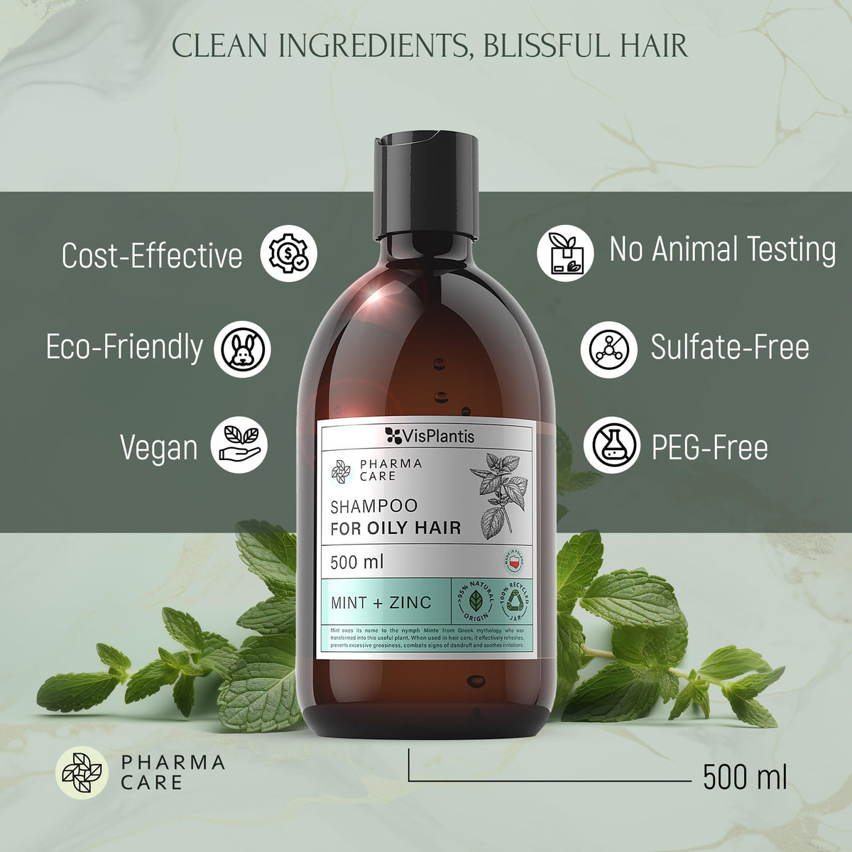 Vis Plantis Mint Shampoo for Oily Hair and Scalp with Zinc - Reduces Dandruff & Controls Sebum - 500ml Natural Shampoo for Greasy Hair and Roots - Silicone & Sulphate Free Itchy Scalp Treatment
