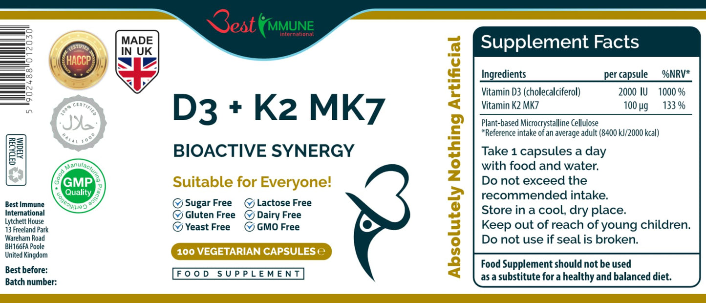 Best Immune International Vitamin D3 2000IU K2 MK7 100mcg Natural Premium Quality 100 Capsules Immune Support Perfect Proportions Maximum Absorption