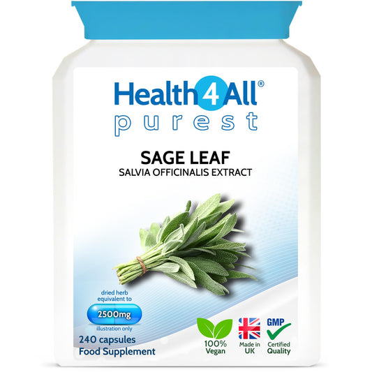 Health4All Sage Leaf 2500mg 240 Capsules (8 Month Supply) Purest: no additives Sage Leaf Capsules (not Tablets) for Menopause Support Vegan Supplement