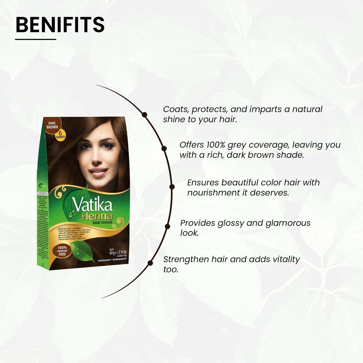 Dabur Vatika Henna Dark Brown Hair Colour Powder - 60g(6 x 10g Sachets),Goodness of Natural Henna, 100% Ammonia-Free & Grey Coverage, Protects & Gives Shine