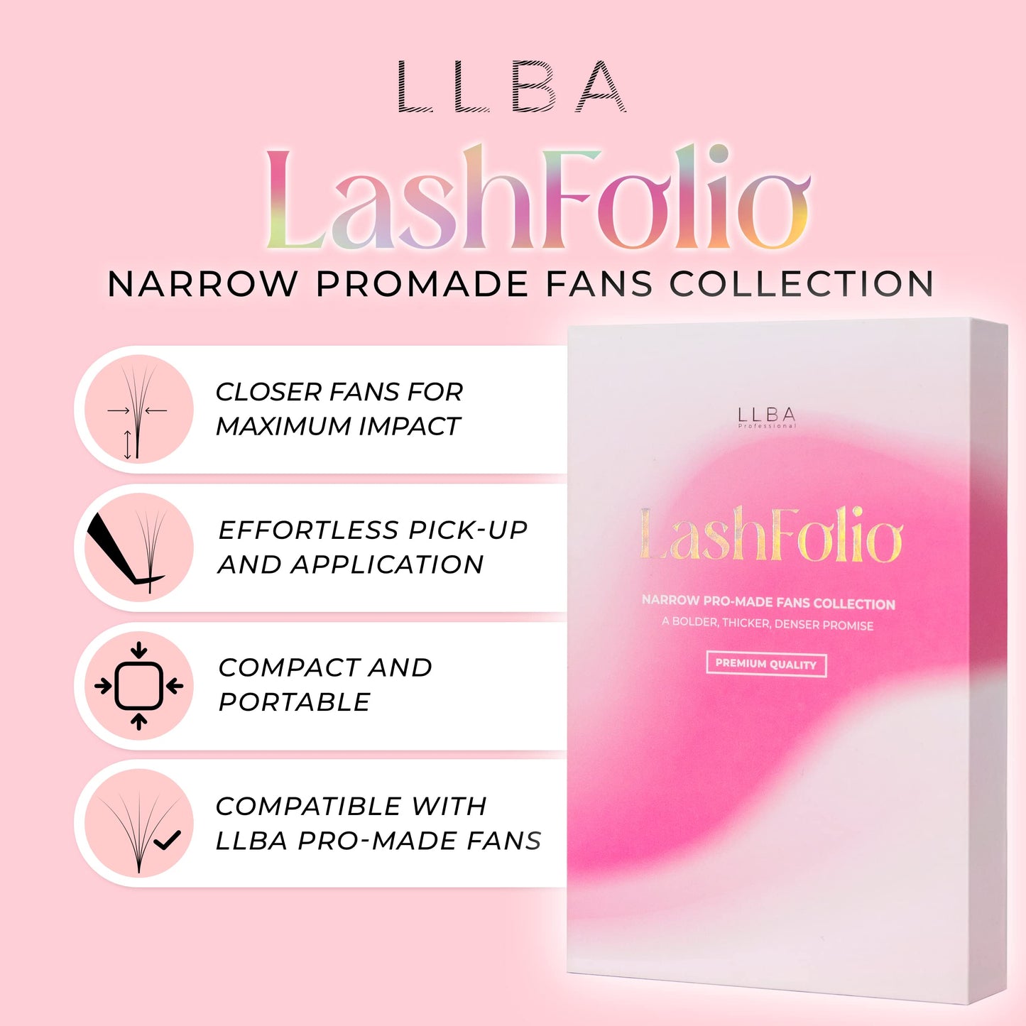 LLBA LashFolio Narrow Promade Fans | Handmade Volume Eyelashes | Multi Selections 5D~10D | C CC D Curl | Thickness 0.03~0.07mm | 8-15mm Length | Long Lasting & Easy Application (5D-0.07 C 8mm-15mm)