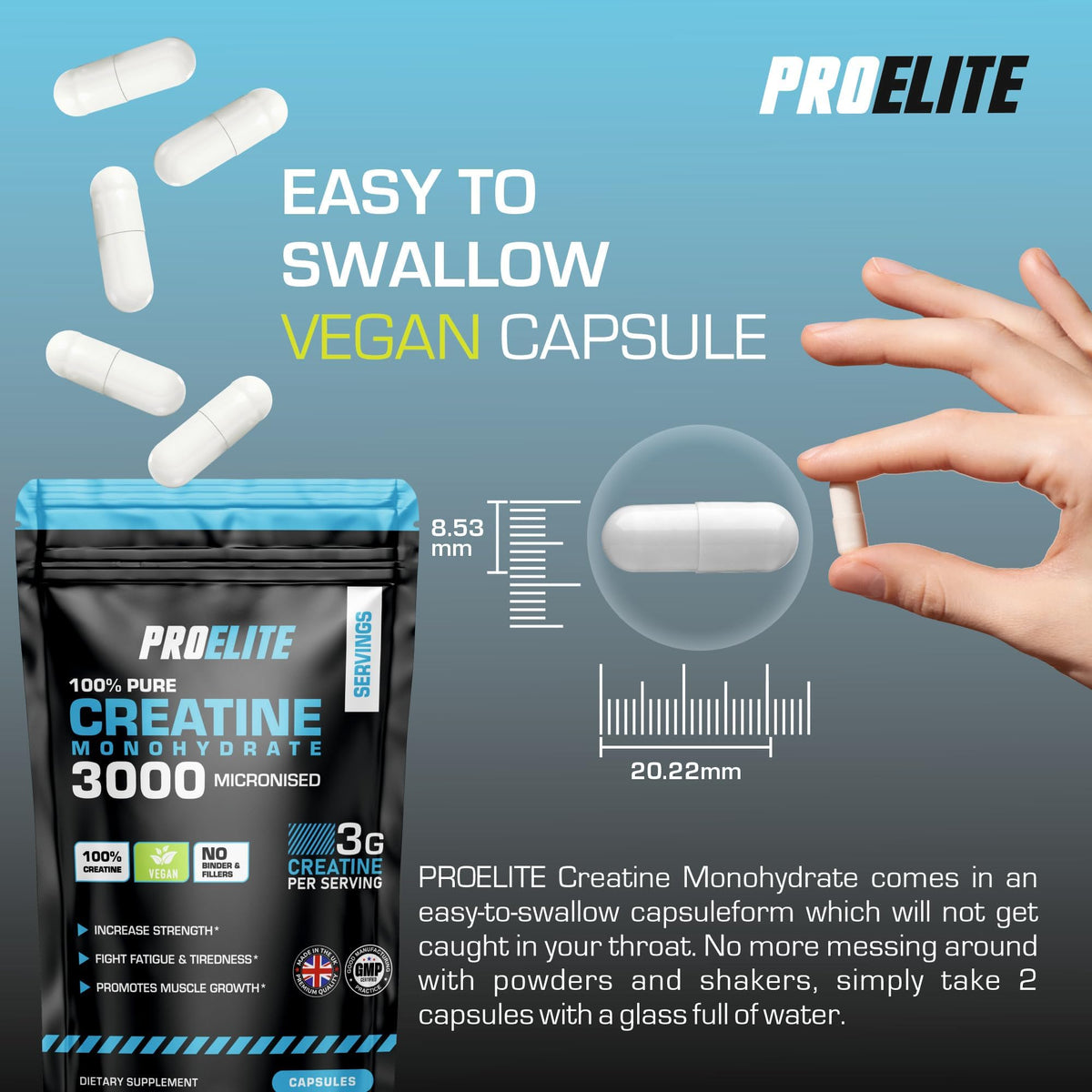 Creatine Capsules x 60 Vegan 3000mg of Unflavoured Creatine Monohydrate per Serving, NO FILLERS & Binders Micronised Pure Creatine Tablets Alternative by PROELITE