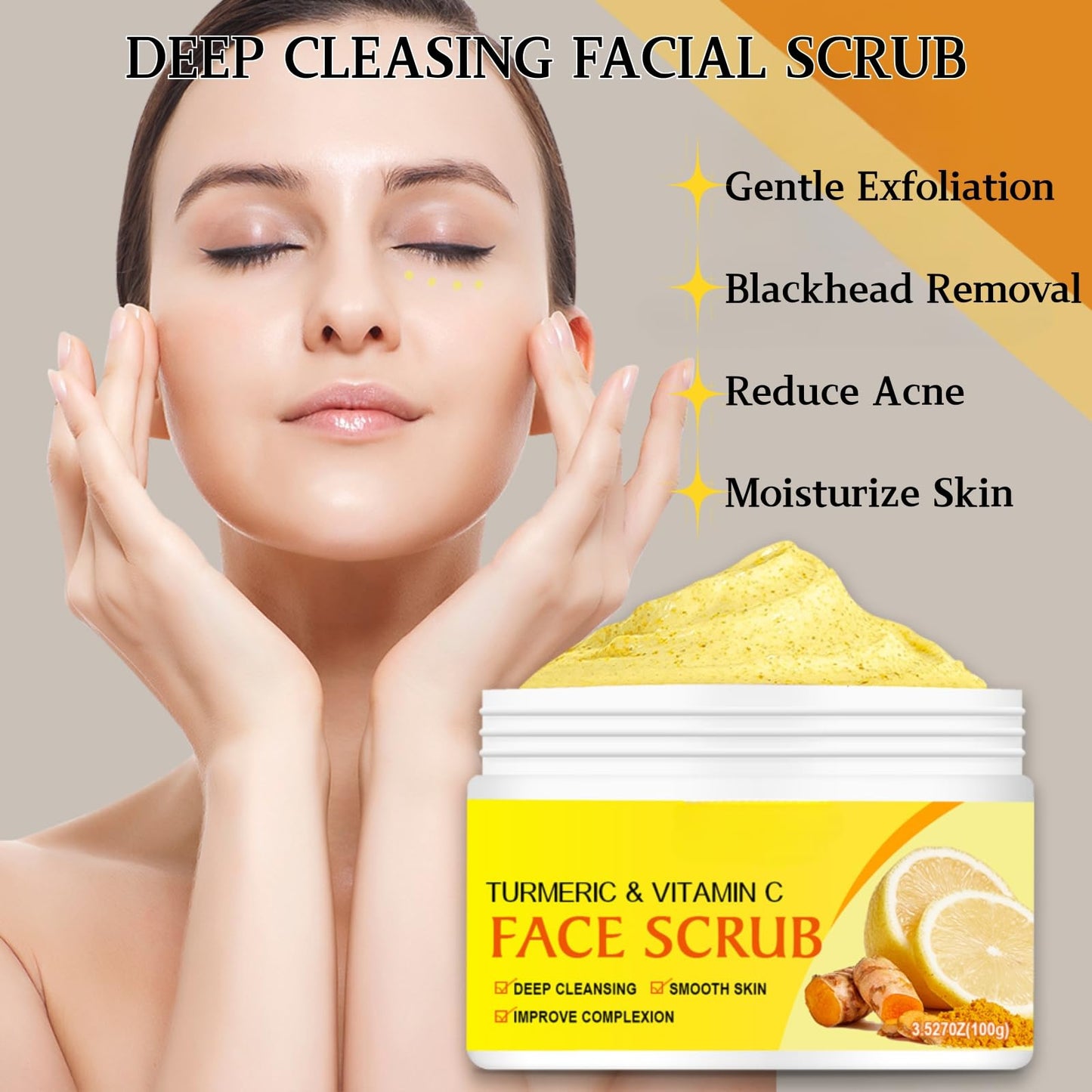 Shefave Turmeric & Vitamin C Face Scrub Exfoliator,Natural Facial Exfoliating Body Scrub,Facial Peeling Cream Brightening Srub for Women&Men-Improve Dark Spots Blackheads Acne,Even Skin Tone Skin Care, 100g
