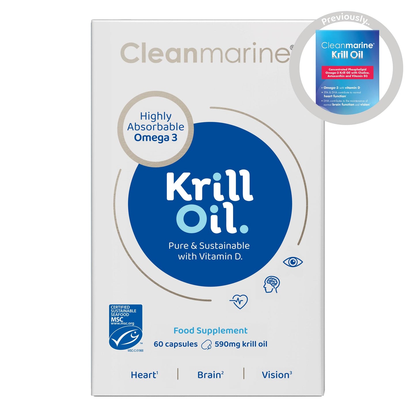 Cleanmarine Krill Oil – High Strength Omega 3 with EPA & DHA – Phospholipid Formula for Better Absorption – Plus Astaxanthin, Choline & Vitamin D – Heart, Brain & Eye Support – 60 Capsules