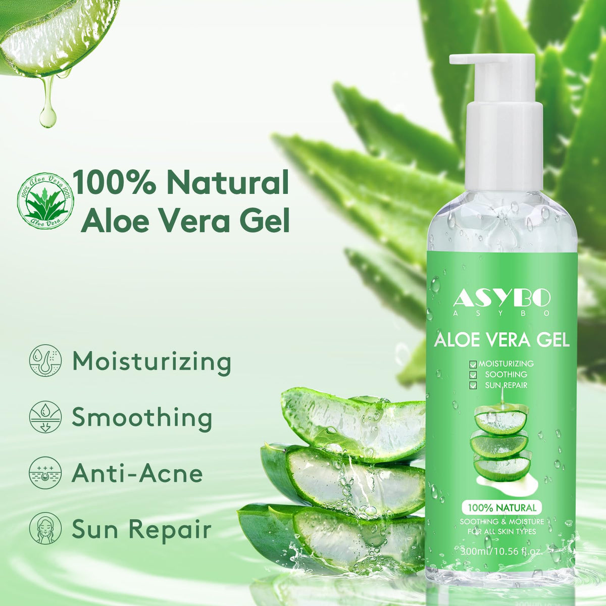 ASYBO 300 ml Aloe Vera Gel, 100% Natural Pure Aloe Vera Hydrating Facial Moisturizer, After Sun Care, Reduce Acne, Repair Scars, Suitable for All Skin Types
