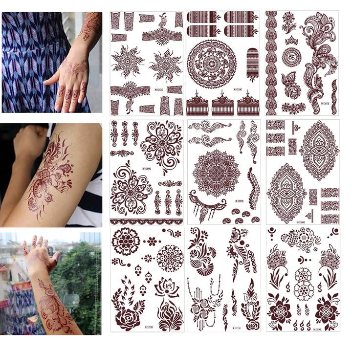 Bettinay 9PCS Mehndi Stickers for Hands, Women Girls Temporary Henna stencils sticker