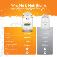 Nu U Nutrition - Vitamin C 1000mg - 180 Vegan Tablets - 6 Month Supply - High Strength Ascorbic Acid - Made in the UK