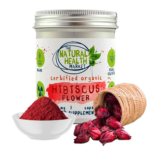 The Natural Health Market Organic Hibiscus Flower 700mg Capsules - 90 Capsules Tin - Made with 100% Organic Hibiscus Flower