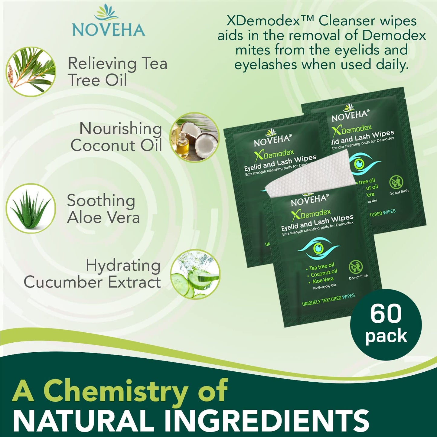 NOVEHA Demodex Eyelid & Lash Wipes | Box Of 60 Individually Wrapped Extra Strength Cleansing Eyelash Wipes - Battle Itchy & Irritated Eyes associated with Demodex Mites, Naturally Remove debris