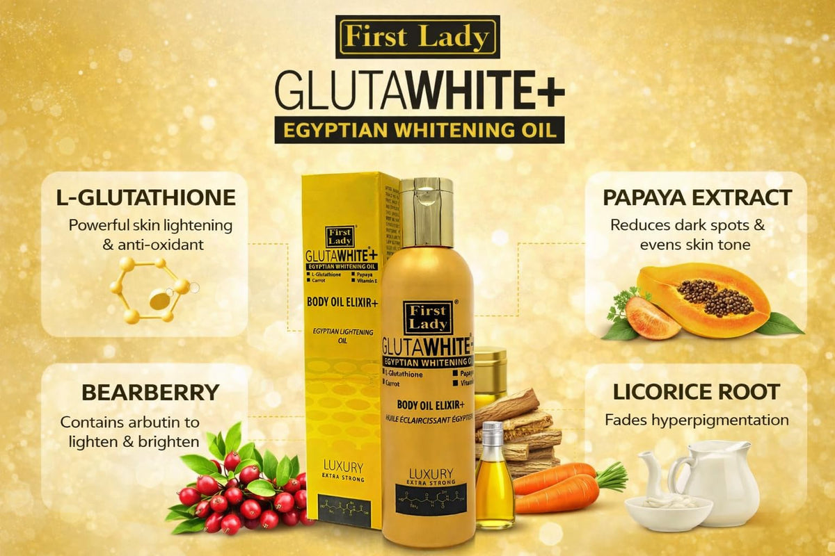 FIRST LADY GLUTAWHITE First Lady Glutawhite Gold Body Oil 200ml – Brightening Body Oil with Glutathione, Licorice Root & Vitamin E, Hydrating Skin Oil with Papaya, Carrot, Goat Milk & Bearberry