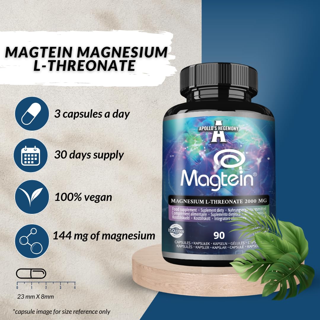 APOLLO'S HEGEMONY Magtein® Magnesium L-Threonate 144 mg per Daily Dose - 90 Vegan Capsules - 30-Day Supply - for Cognitive Function Support - by Apollo's Hegemony