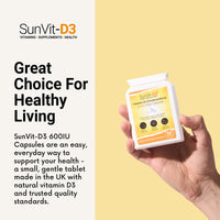 SunVit-D3 Vitamin D 600 IU - Cholecalciferol Vitamin D Capsules Support the Maintenance of Bone, Teeth, Muscle & Immune System | Made in UK & GMP Approved - D3 Vitamins 60 Convenient