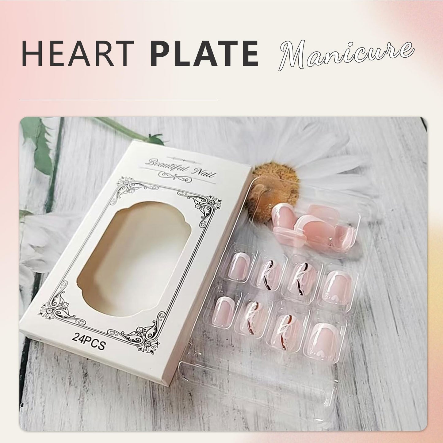 Cosmeria Press On Nails Set, 24 Pieces Fake Nails with Heart Design, Easy Application with Jelly Glue, Includes Nail File and Cleaning Kit