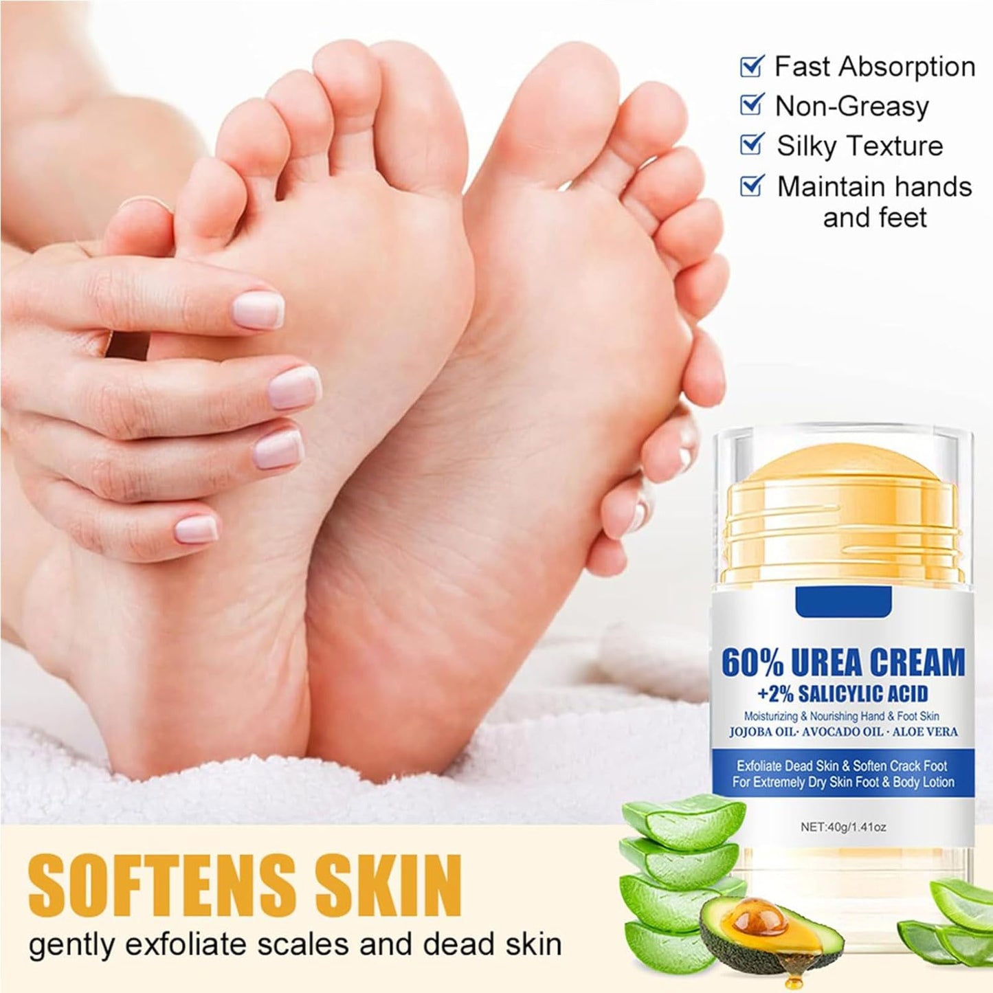 60% Urea plus 2% Salicylic Acid Foot Cream Moisturizer for Dry Cracked Feet Knees Elbows Hands Hydrates &Nourish Foot Care for Softens Skin Exfoliates Dead Skin Smoothing Skin Women and Men 1.41oz
