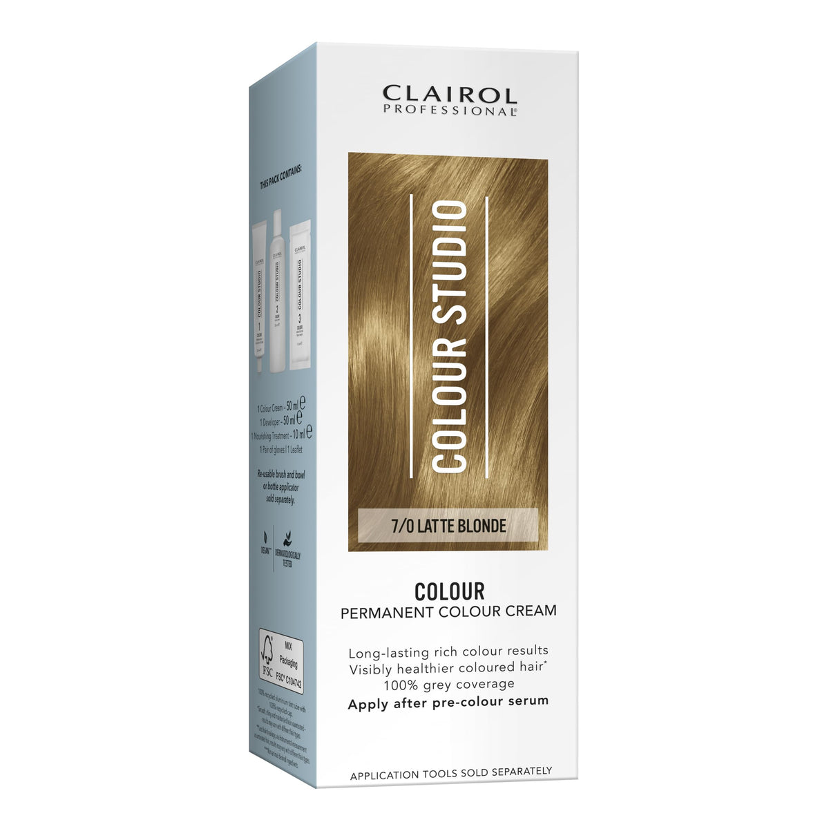 Clairol Colour Studio Permanent Colour Cream | Hair Dye | Long-lasting Rich Tones | 100% Grey Coverage | Dermatologically Tested Vegan Formula | Hair Colouring Kit | Latte Blonde 7/0 I 50ml