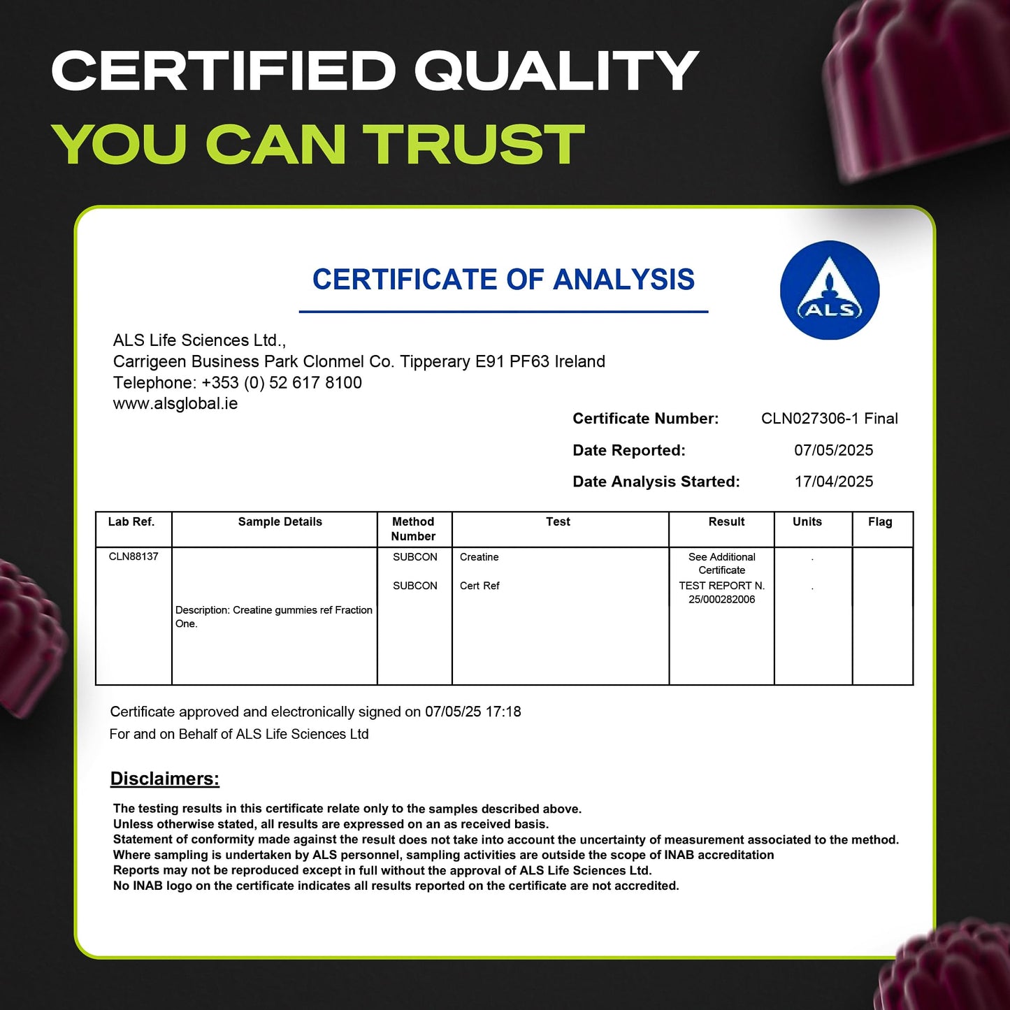 Fraction One Creatine Monohydrate 90 Gummies – Lab Verified, UK 3rd Party Tested, 30 Days Supply - 5000mg with BCAA’s per Serving, Pre-Workout Support, Muscle Recovery, Gym Supplement for Men/Women