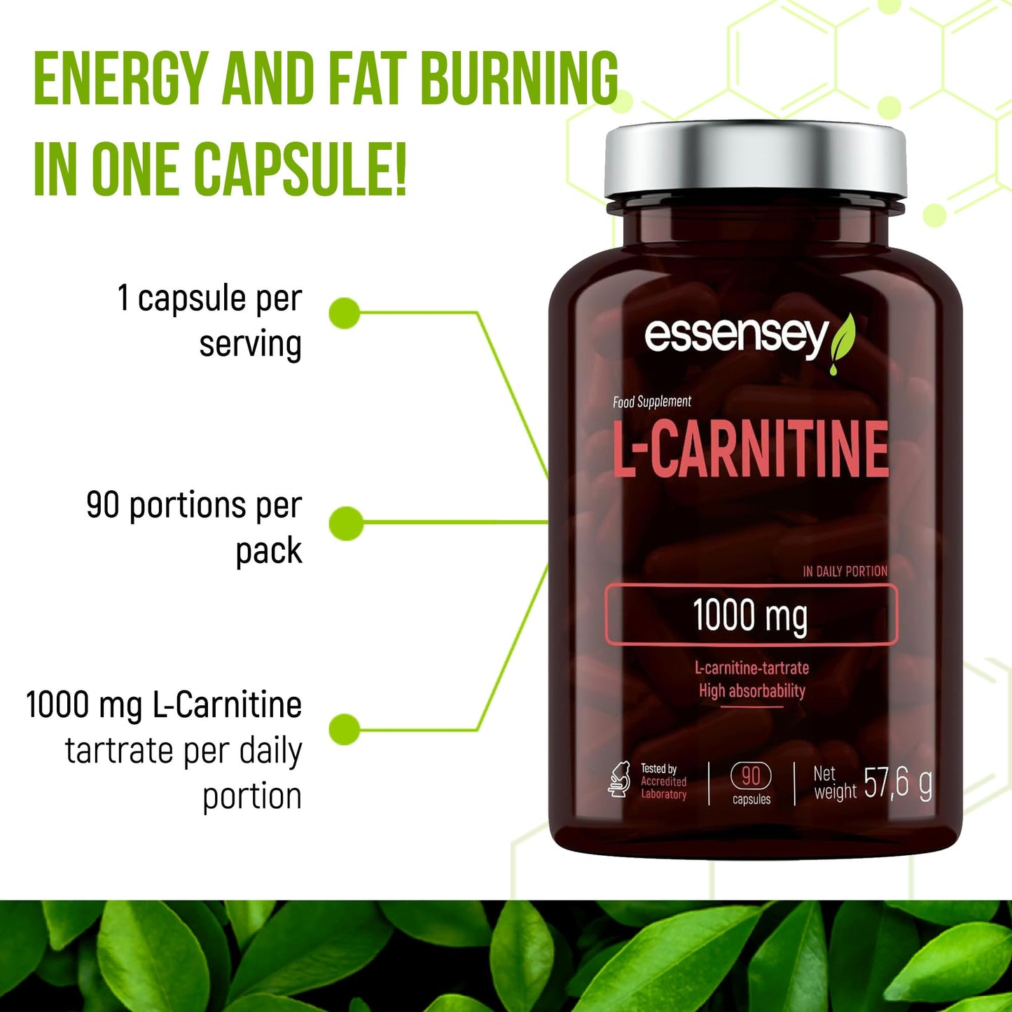 ESSENSEY Essensey L-Carnitine 1000mg - 90 Capsules | High Absorption Form | Ideal for Vegetarians High Strength L Carnitine Supplement