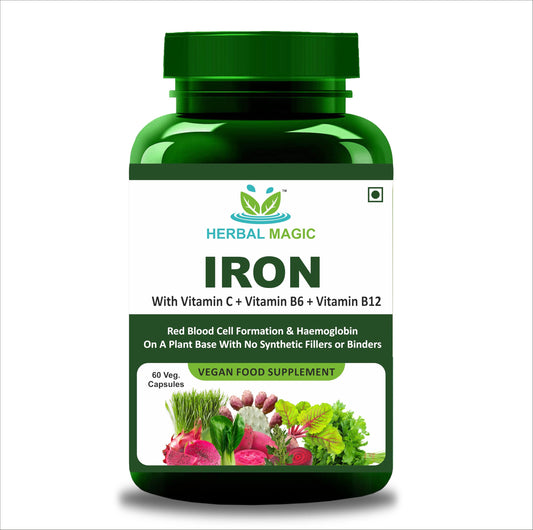 Herbal Magic Iron with Vitamin C, B6 & B12 – 60 Capsules, Vegan Food Supplement for Energy & Wellness, Non-GMO